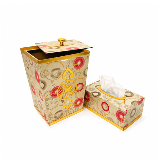 Luxury 2-Piece Home Decor Set | Elegant Dustbin & Matching Tissue Box Holder with Gold Accents