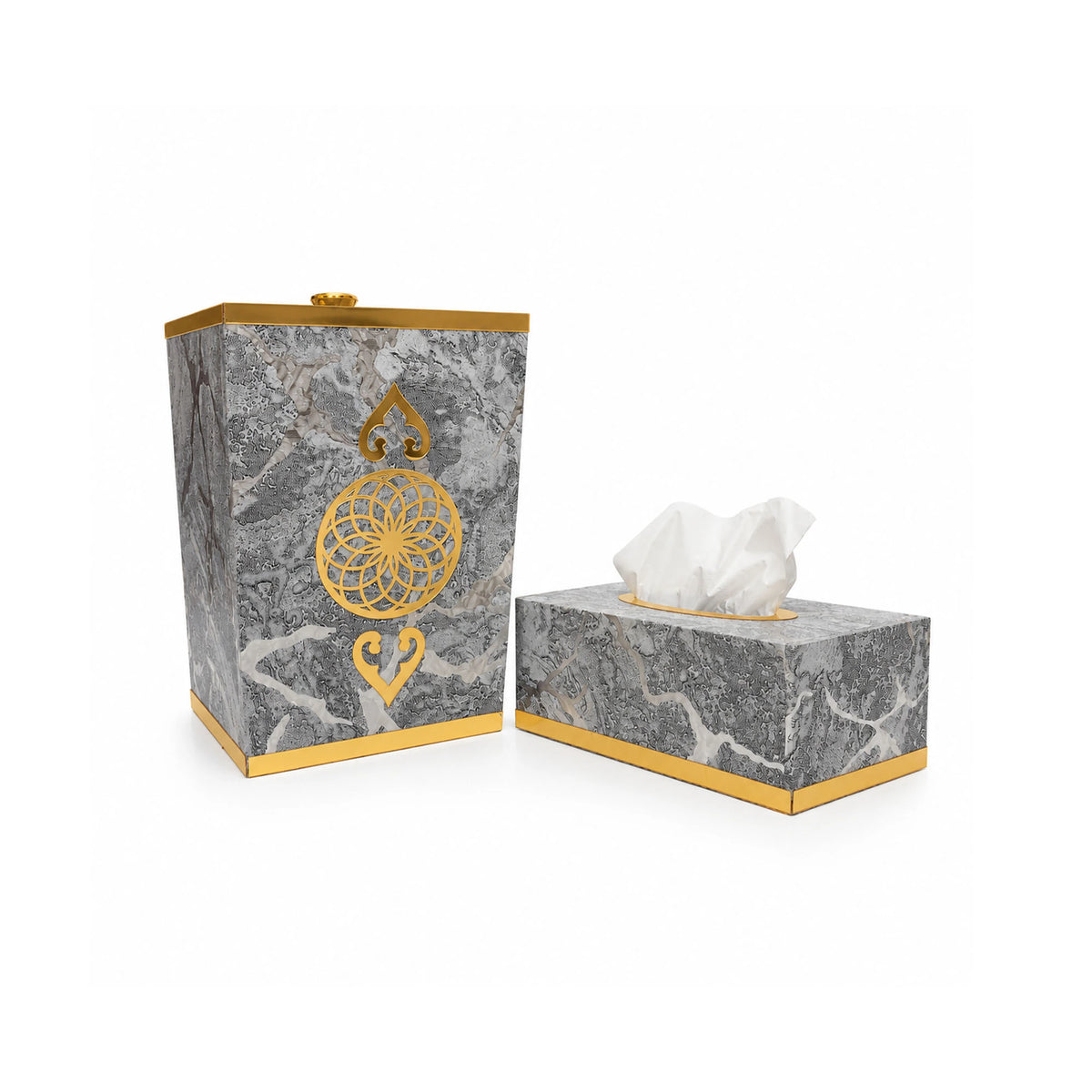 Aesthetic Dustbin & Tissue Box Set with Golden Acrylic Work | Luxury Decor